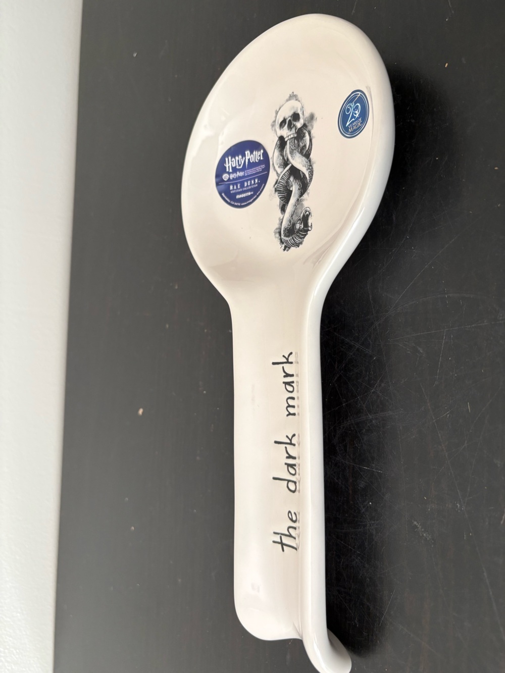 Rae Dunn White Ceramic Spoon Rest with Black Script and Artwork